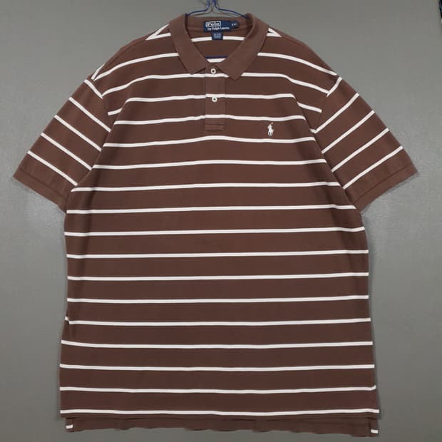 2XL) 폴로 랄프로렌 포니 스트라이프 반팔 카라티 피케 셔츠 브라운