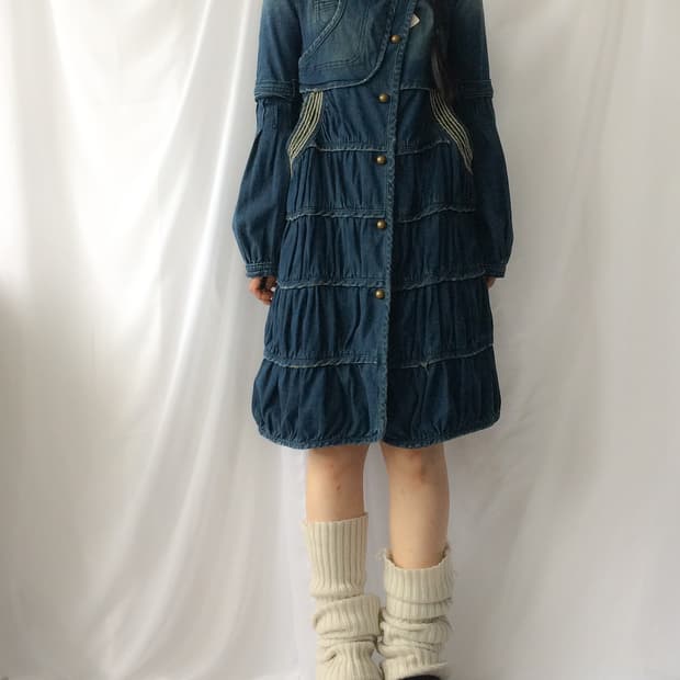 Belted denim long jacket