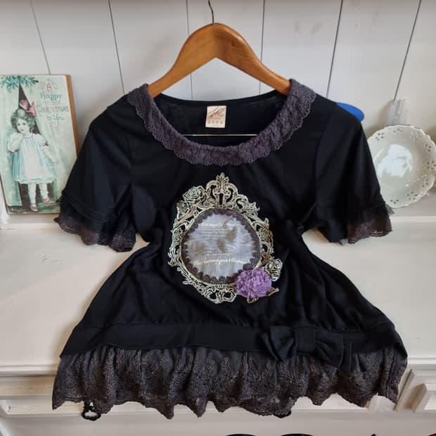 axes femme 레이스 블랙 반팔 블라우스