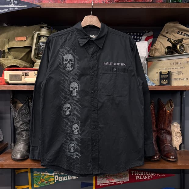 00s 할리데이비슨 Y2K 스티치라인 스컬모티브 그래픽 워크셔츠 N278
