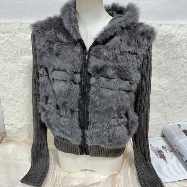 빈티지 그레이 토끼털 니트자켓 후드집업