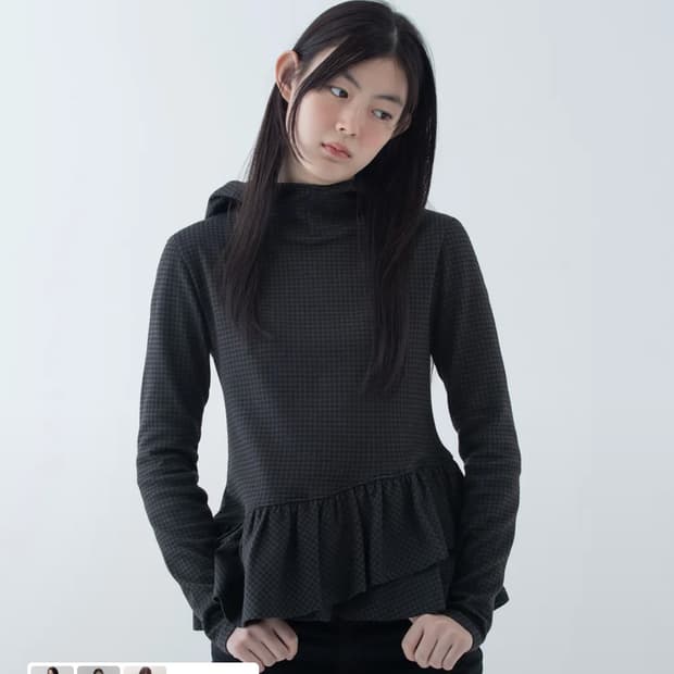 FRILL HOODED T-SHIRT, KHAKI CHECK