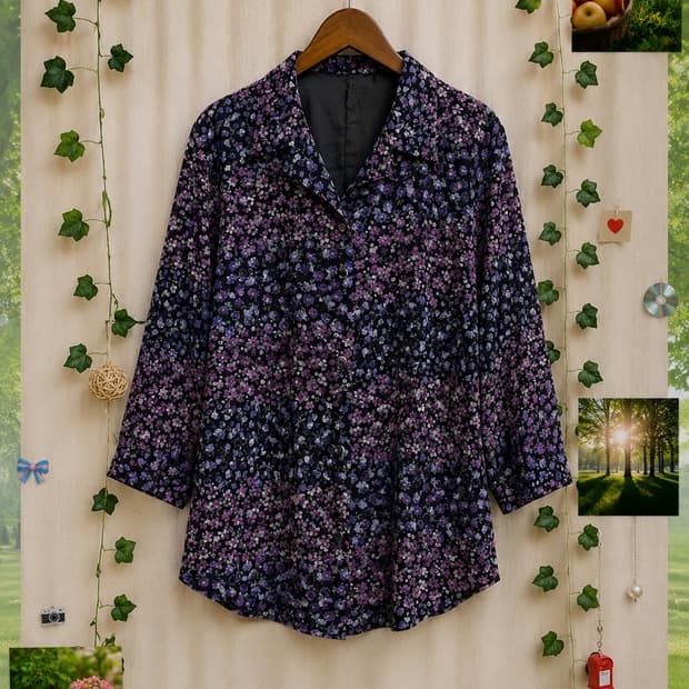 Vtg 보라 플라워 패턴 셔츠