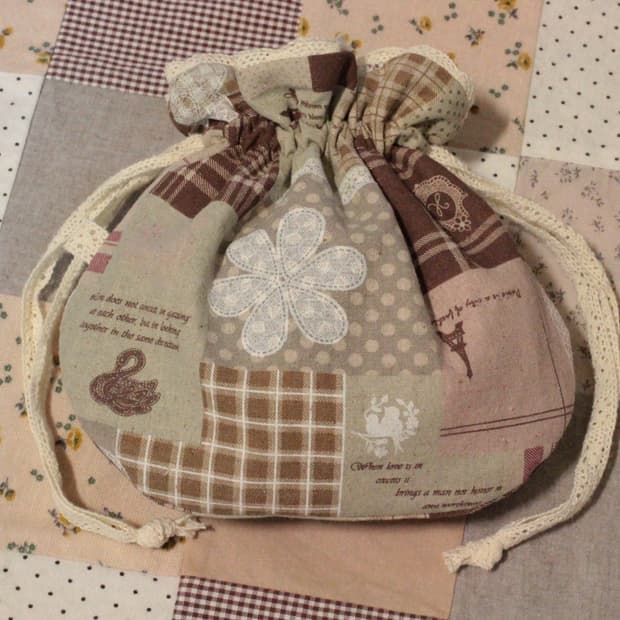 핸드메이드 패치워크 무늬 레이스 스트링 파우치