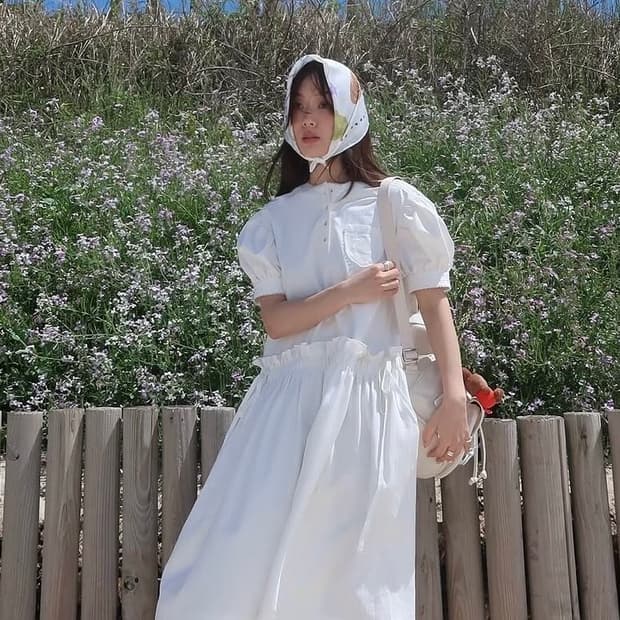 플레따 퍼프 버튼 드레스 - 화이트