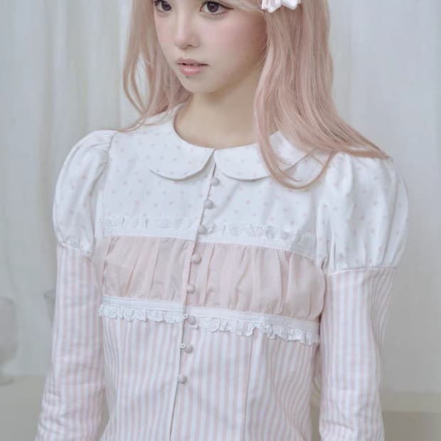 Sos seamstress 핑크 도트 레이스 셔츠