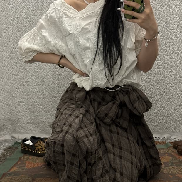 러블리 페어리코어 엠보 여름 반팔 리본 블라우스 K0379
