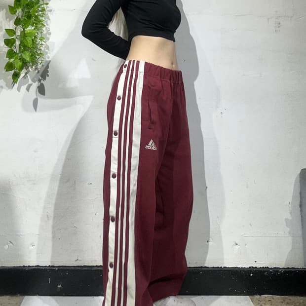 90s 아디다스 버건디 스냅 단추 화이트 삼선 와이드 트레이닝 바지 M
