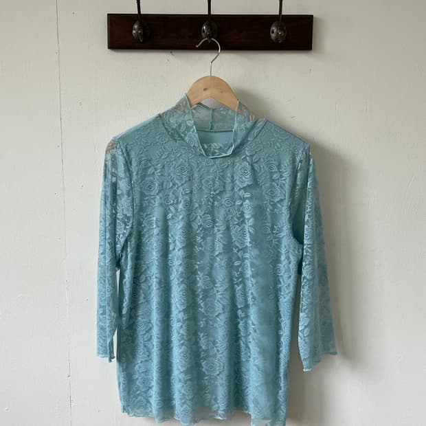 Jqpan vtg 플라워 시스루 민트 터틀넥