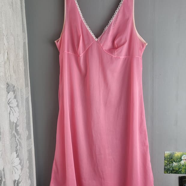 B급 빈티지 비비드 코랄 핑크 슬립 원피스