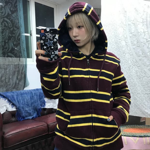 폴햄 스트라이프 양털 기모 후드집업 