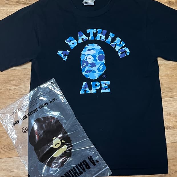 베이프 반팔 카모 컬리지 티셔츠 블랙 블루 bape s사이즈