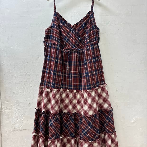 일본빈티지 체크 패턴 체크 믹스 코튼 100% 원피스 (끈조절가능)