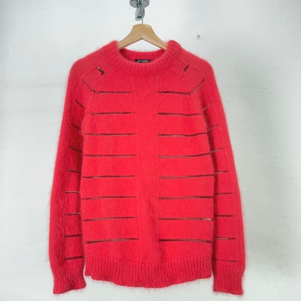 발망 코랄 레드 디스트레스드 모헤어 니트 스웨터