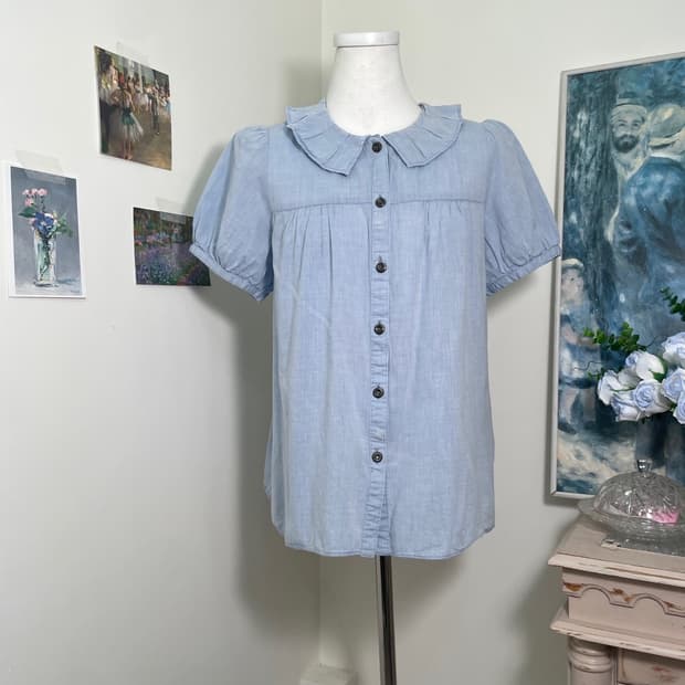 denim pleats collar puff shirt(size-M)