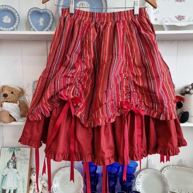 레드 스트라이프 리본 캉캉 스커트