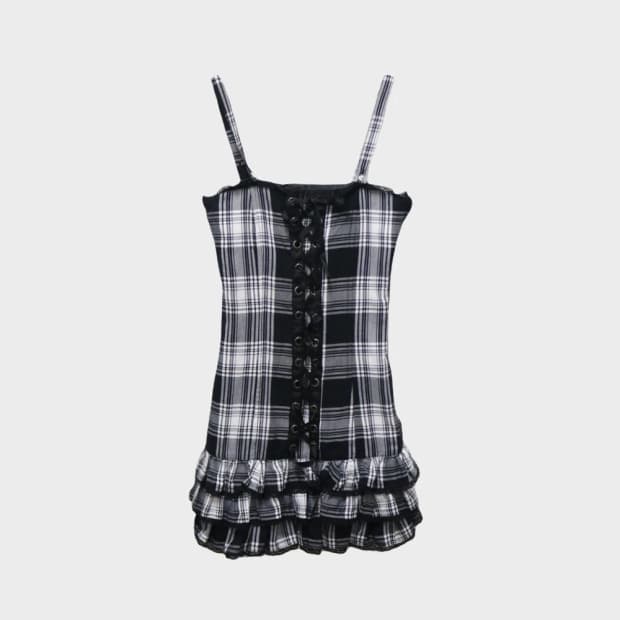 블랙 체크 뷔스티에 미니 원피스 61133