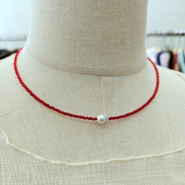 Handmade 레드 크리스탈 블루진주 한방울 목걸이