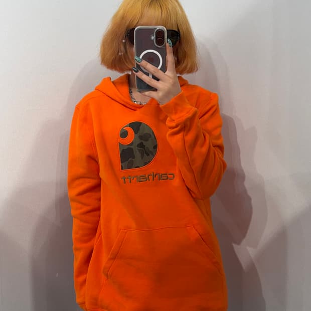 XL 칼하트 카모플라쥬 로고 후드 티셔츠 오렌지