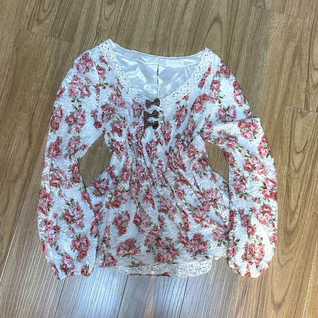 빈티지 리즈리사 플라워 핑크 브라운 블라우스 히메갸루 로걀 짜잔씨 라떼