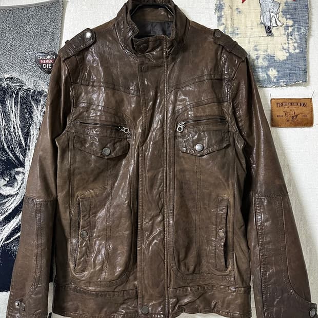 old GUESS 이탈리안 램스킨 하이넥 레더자켓 페이드 브라운