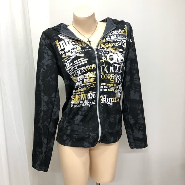 y2k punk lettering graphic hood zipup