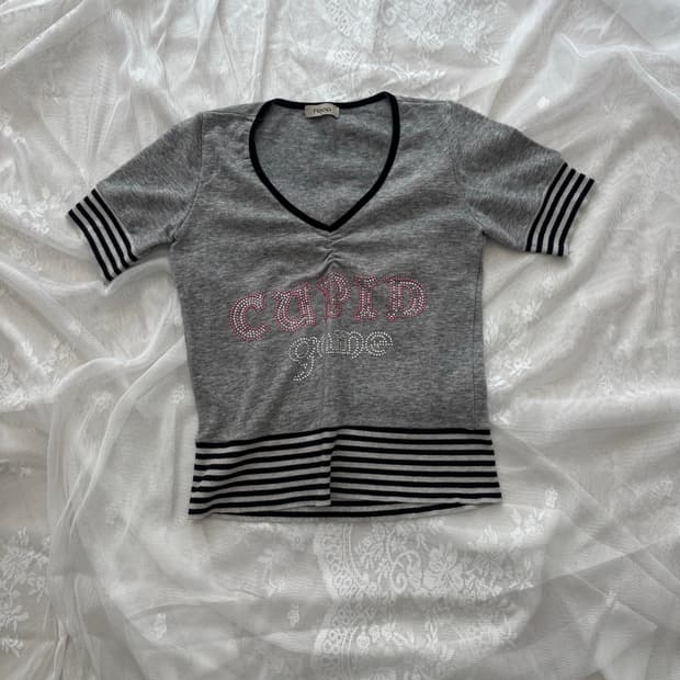 y2k 핑크 비즈 그레이 반팔티