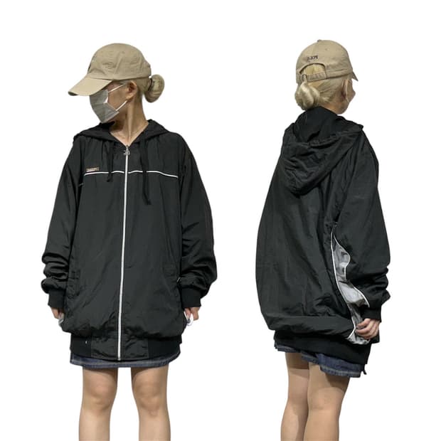 빈티지 블랙 오버핏 후드 바람막이 트랙 자켓 2XL