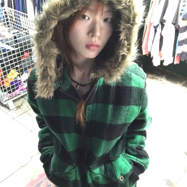 빈티지 탄지로 깅엄 체크 후드 점퍼 카고 팬츠 스트릿 코디 세트