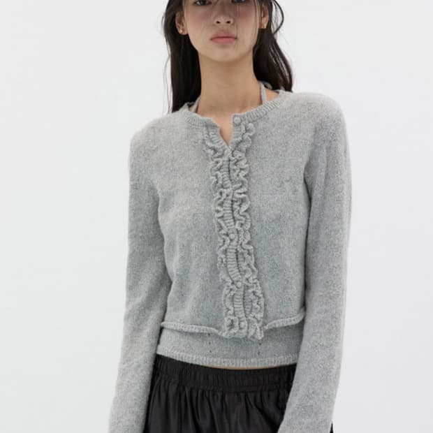 미치코런던 러플 울 니트 가디건 세트 그레이