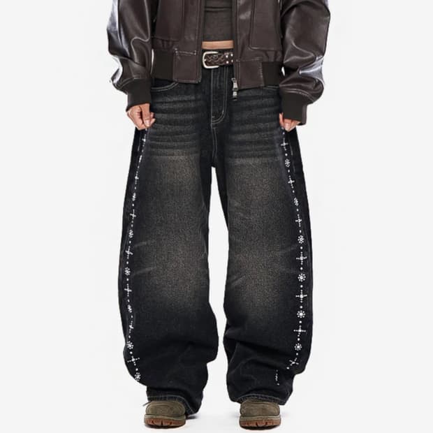 Side Rhinestone denim pants black 