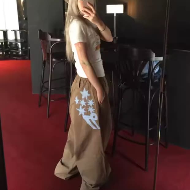 브라운 자수 패치 밴딩 와이드팬츠