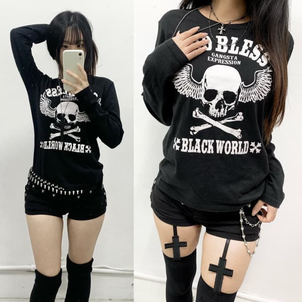 [BLUEGILL] 펑크 스컬 날개 레터링 롱슬리브