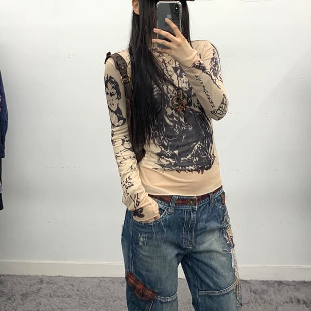 엔젤 프린팅 시스루 롱슬리브