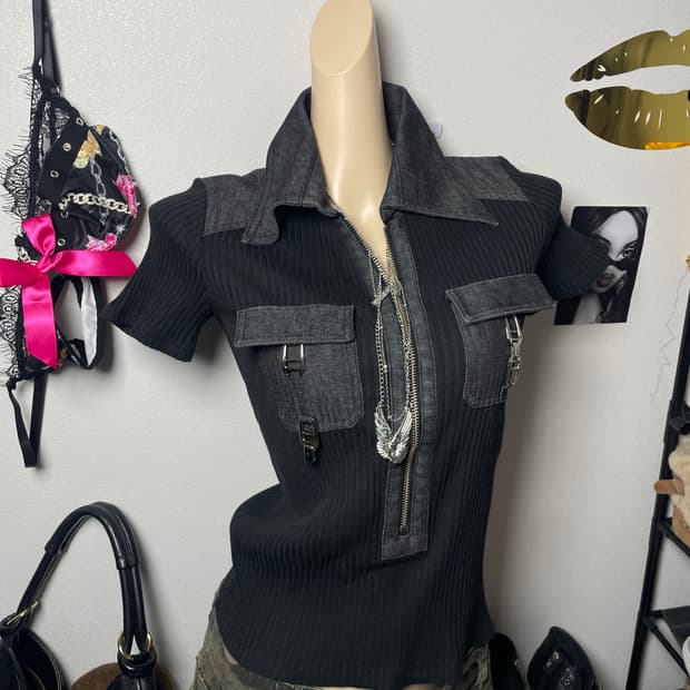 흑청 데님 골지 탑