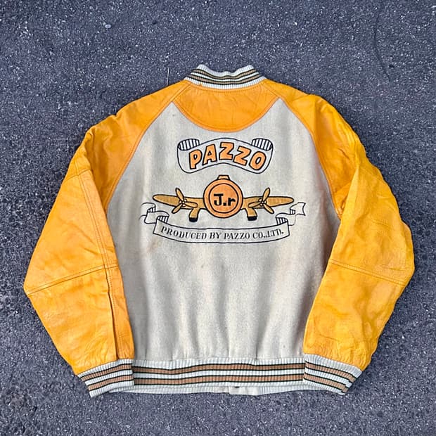 80s PAZZO 일본빈티지 가죽 자수 올드스쿨 바시티 스타디움 자켓 L