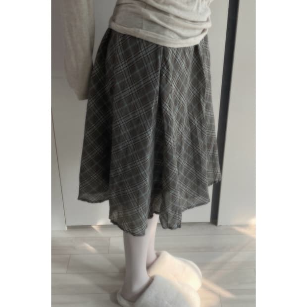 빈티지 체크 미디 스커트 / 브라운 민트 플레어