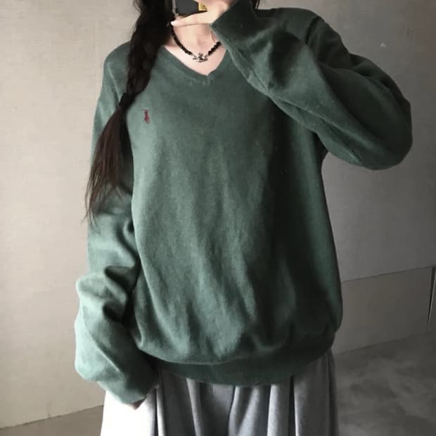 폴로 피마코튼 브이넥 니트 올리브그린