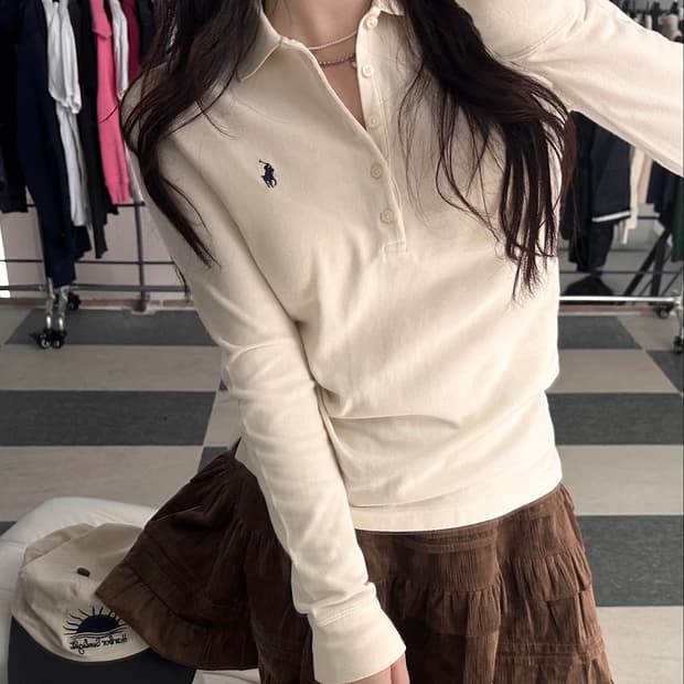 랄프로렌 스포츠 아이보리 5버튼 카라 티셔츠