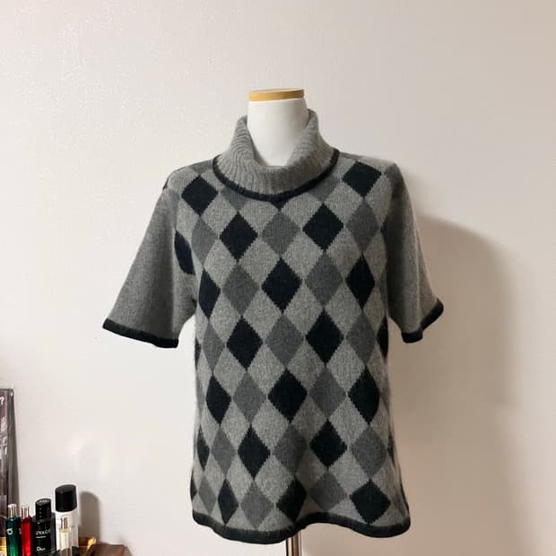 램스울앙고라혼방 아가일 반팔니트 일본빈티지 모리걸 레이어드룩