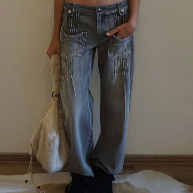 Pintuck Pocket Denim Pants Washed Gray M