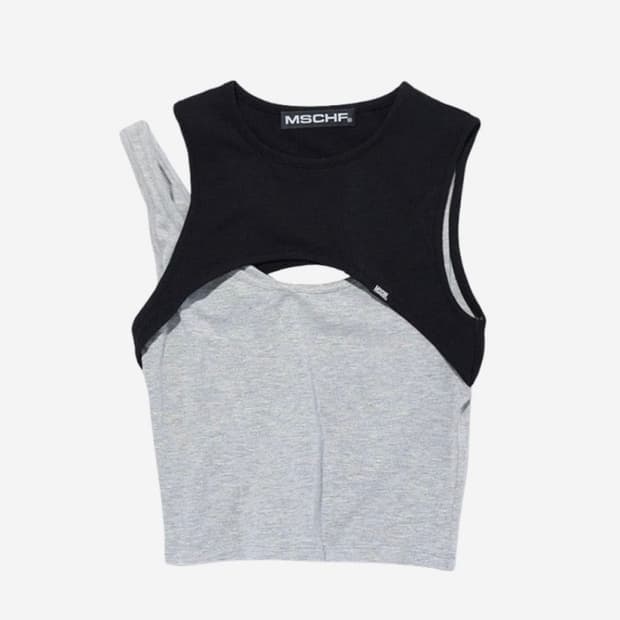 미스치프 스트레치 오버랩 탑 블랙그레이