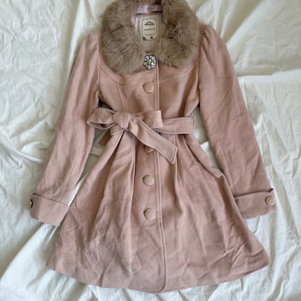 핑크베이지 달천 갸루 히메 로걀 퍼 울 코트