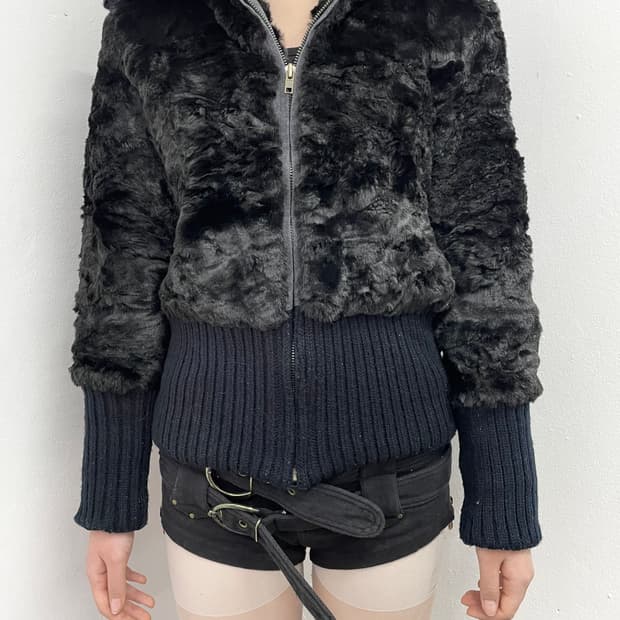 블랙 니팅 퍼 집업