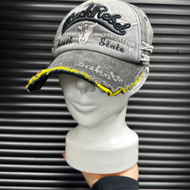 버팔로 소 뿔 뼈 래터링 프린팅 볼캡 흑청 데님 고스 펑크 갸루 로리걸