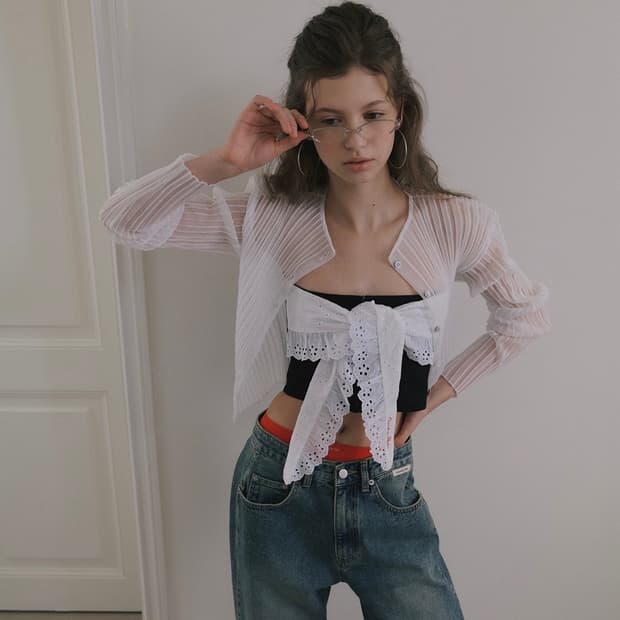 오버듀플레어 sheer glossy ribbed cardigan