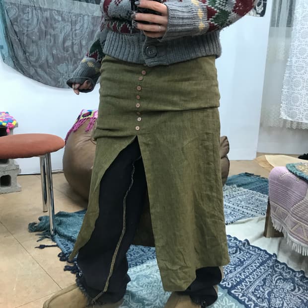 빈티지 여성 린넨 버튼 디테일 스커트 