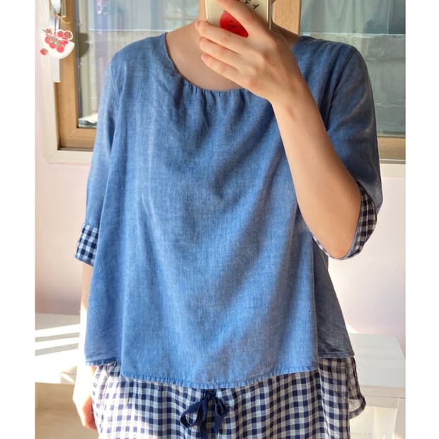 깅엄체크 하늘 블라우스