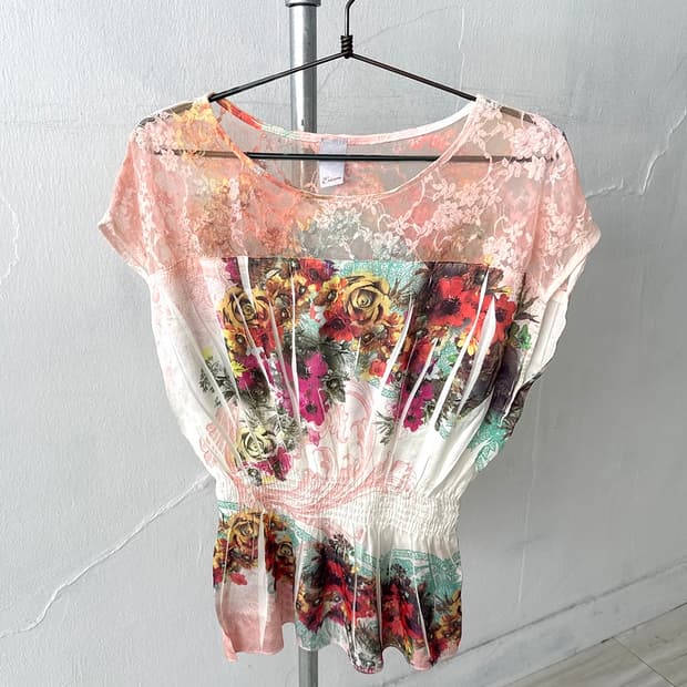 Y2K Lace Mesh Flower Graphic Half Sleeve