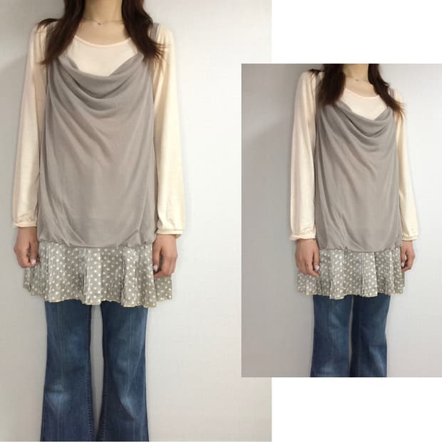 빈티지 핑크 베이지 레이어드 플리츠 도트 원피스 튜닉